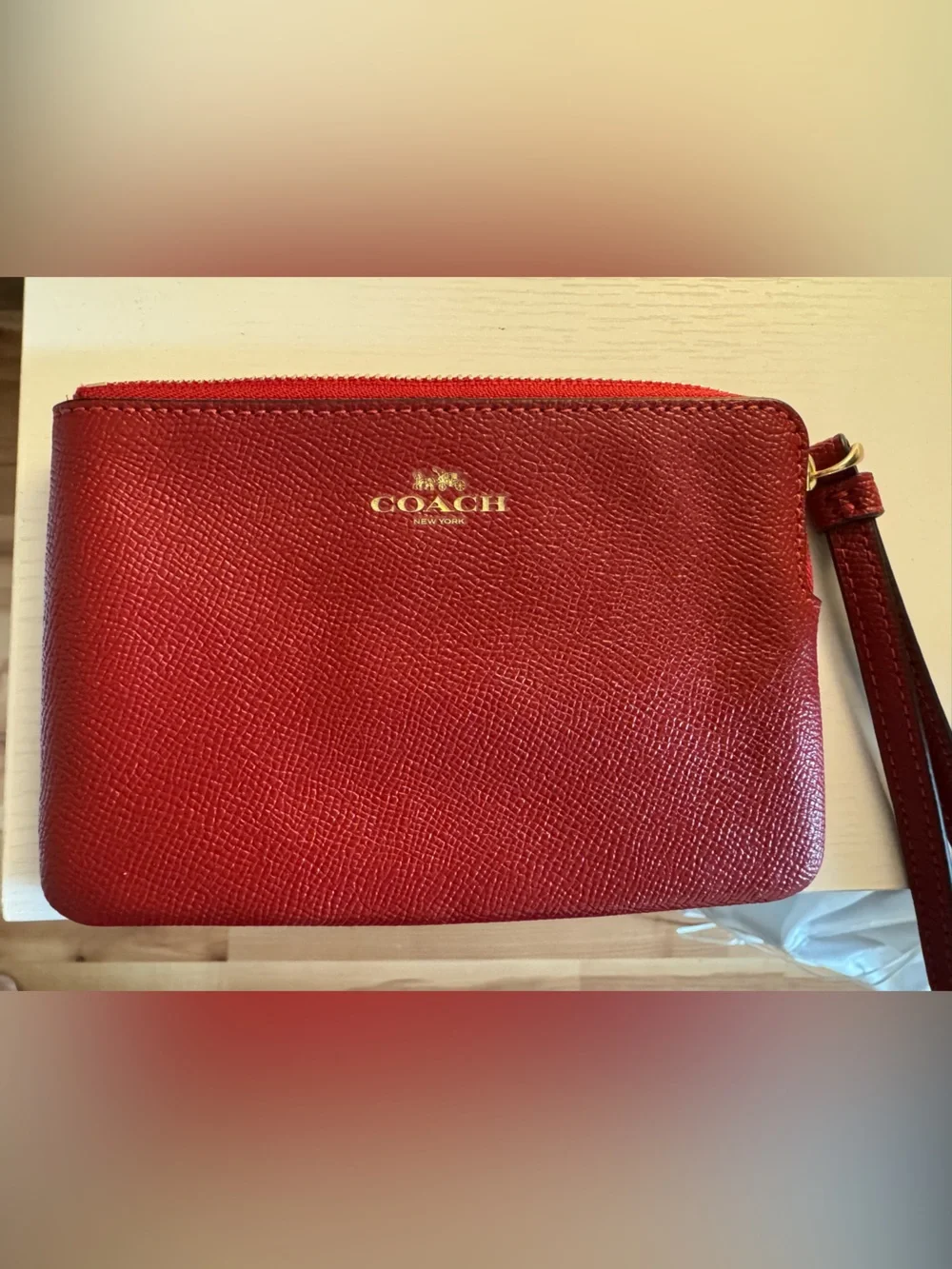 Coach Red Leather Wristlet Zip Pouch with Gold Logo